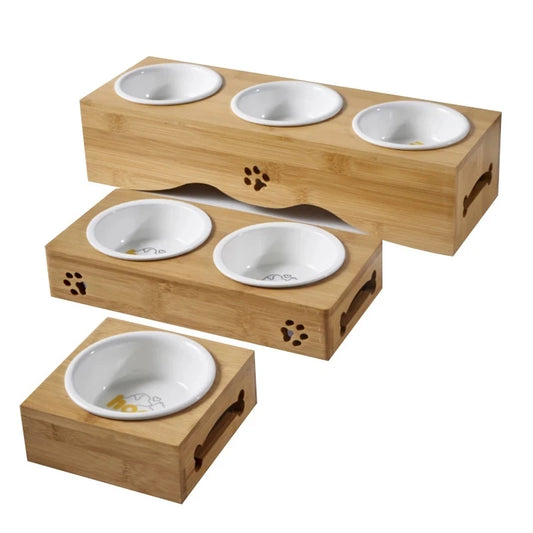 Dog and Cat Bowl Bamboo Wooden Table